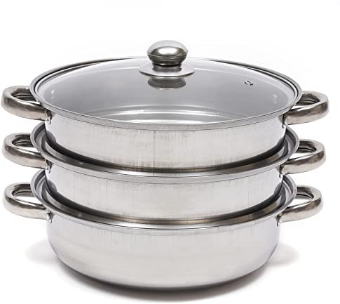 Olla de vapor de acero inoxidable de 3 niveles para cocinar vaporera de metal grande de 28 cm, funciona para estufas de gas, eléctricas, de inducción y halógenas.