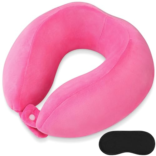 FEUFOAM Oreiller de voyage réglable en mousse à mémoire de forme en forme de U pour avions, bureau, trains, voitures, camping, rose rouge