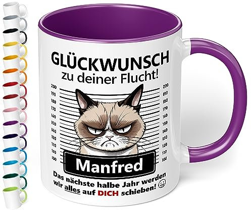 True Statements Abschiedsgeschenk für Kollegen: Keramik-Tasse personalisiert „Glückwunsch zu deiner Flucht!“ - 330ml - Katzen-Motiv - lustiger Kaffeebecher | Geschenk Abschied neuer Job (Violett)