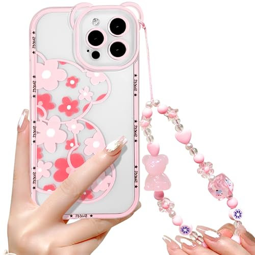 NITITOP Compatible for iPhone 15 Pro Max Case Cute Bear Clear Floral Flower for Girls Women with Chain Lanyard Wrist Strap Soft TPU Shockproof Protective Girly - Pink Flower Bear