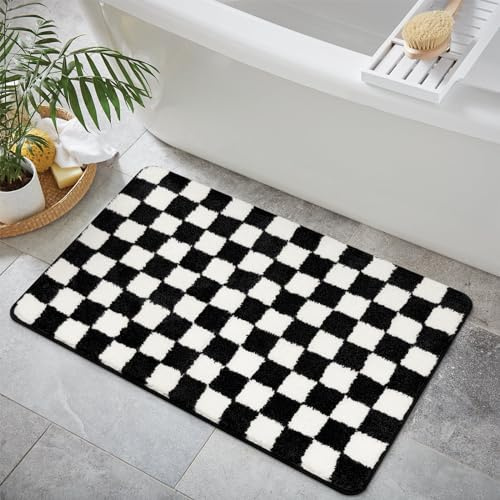 Sivilife 2x3 Black and White Bathroom Rugs, Checkered Water Absorbent Quick Dry Bath Mats for Bathroom Non Slip, Small Washable Soft Bath Rug for Bathtub Shower Entryway Floor Door Mats Bedroom Entry