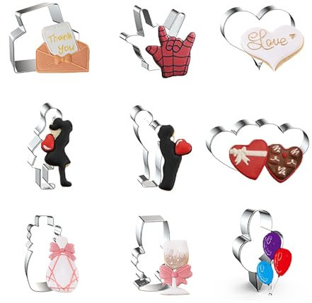 WJSYSHOP Valentine's Day Wedding Cookie Cutters 9-Pc Set - Love Letter Envelope Hand Sign I Love You Heart Bridegroom Bride Double Heart Champagne Glass Balloon - A
