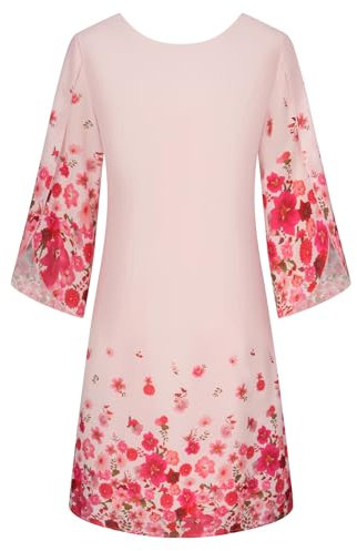 GRACE KARIN Robe D'Été en Mousseline de Soie pour Femme Manches 3/4 Coupe Ample Mi-Longue Robe de Soirée Fleures Roses sur Rose L