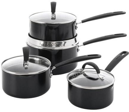 ProCook Gourmet Saucepan Set with Stay Cool Handles Ceramic Non Stick Coating Induction & Oven Safe Pans Cooking Pots - 4 Piece, 14/16/18/20 cm, /1.6/2.3/3.1 L