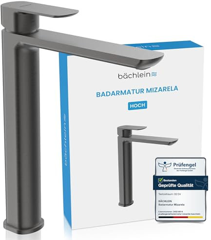 Bächlein Badarmatur Mizarela hoch in klassischem Design, Einhebelmischer für Aufsatzwaschbecken mit langlebiger Keramikkartusche und Montage-Set, Bad Wasserhahn Anthrazit - flacher Auslauf