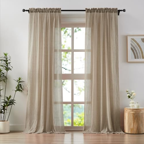 Anpark Elegant Tan Beige Sheer Curtains 108 inches Long for Living Room Patio Door, Cotton Linen Textured Light Filtering Sheer Drapes Rod Pocket Natural Thin Curtains, W52 x L108 in, 2 Panels