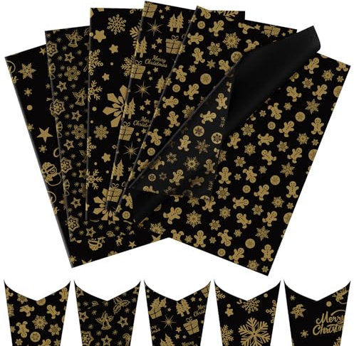 Larcenciel Seidenpapier Weihnachten, 50 Blatt Glitzer Schwarz Gold Seidenpapier Verpackungsmaterial zum Basteln, Metall Seidenpapier Geschenkpapier mit Schneeflocken Sterne Muster für Party, 50×35CM