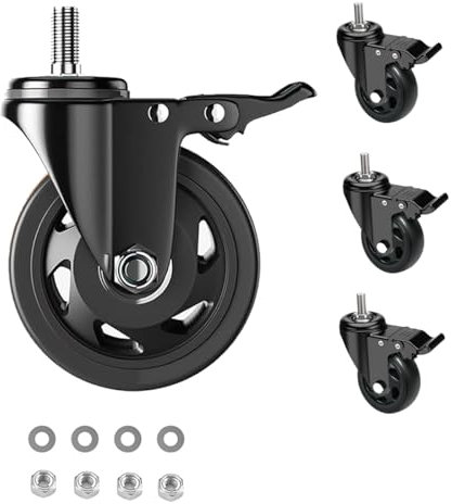 RRIUTO Ruote per Carrello con Perno Filettato M10x1,5x30mm, 75MM Ruote per Mobili con Freno, Ruote Girevoli Rotazione a 360° e Antigraffio, 4 Rotelle per Carichi Pesanti Capacità 400KG