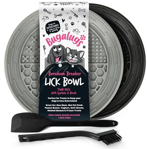 Bugalugs Dog Mat Bowl Lick Mats For Dogs, 100% Food Grade Cat Food Mat & Licky Mats For Dogs - Lick Mat Bowl Reduce Stress & Anxiety, 2x Pet Food Mat Bowl, Spatula & Brush (Black & Grey)