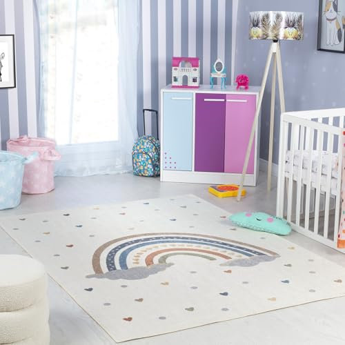 Livabliss Regenbogen Kinderteppich waschbar 140x200 cm – Teppich für Kinderzimmer oder Babyzimmer, Krabbel- & Spielteppich für Jungen & Mädchen, Creme