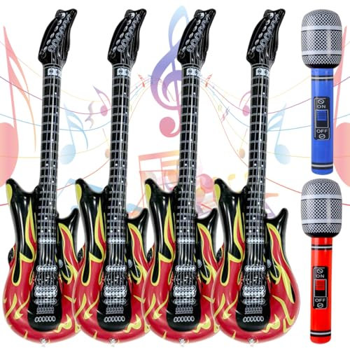 Aufblasbare Gitarre , 6 Pack Luftgitarre Set , Luftgitarren Zum Aufblasen mit Aufblasbar Mikrofon für Musikparty Geburtstag 80er 90er Disco Party Deko Carnival