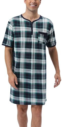 Chemise de Nuit Homme Pyjama Manches Courtes Hauts de Pyjama Homme Tee-Shirt Long Col V avec Boutons Vêtements d'Intérieur T-Shirt Grande Taille Douce Confortable Carreaux Vert*Courte-A L