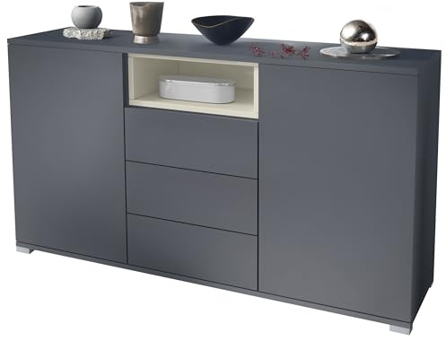 Vladon Skadu V2 Sideboard, Kommode mit 2 Türen, 3 Schubladen und 1 offenem Fach, Anthrazit matt/Creme Hochglanz (138,5 x 75,5 x 35 cm)