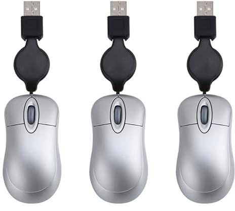 Giwnhvx 3 ratones mini USB con cable retráctil, pequeño, 1600 DPI, óptico, compacto, de viaje, color plateado