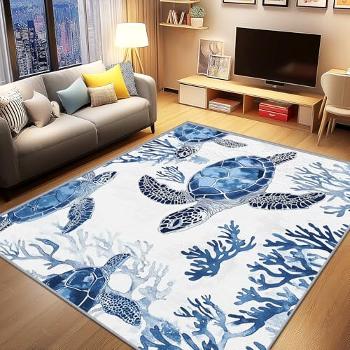 AevuCub Schildkröte Deko, Küsten Ozean Teppich 100x150 Kurzflor, Teppich Wohnzimmer Meerestier Koralle, Weich rutschfest Waschbare Teppiche, Bettvorleger Schlafzimmer Kinderzimmer
