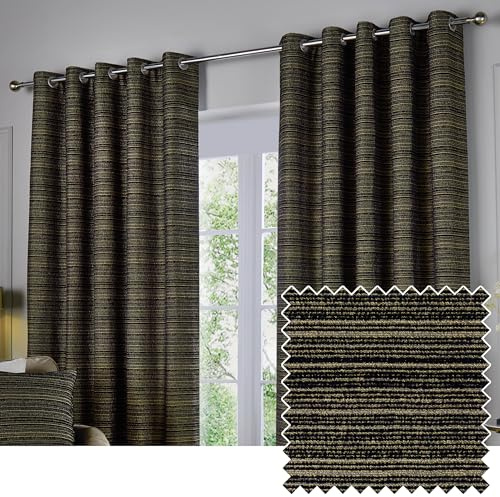 Paoletti Jupiter Room Darkening Eyelet Curtain Pair – Elegant Jacquard Chenille Lined Ring Top Drapes (Black/Gold - 229x183cm)