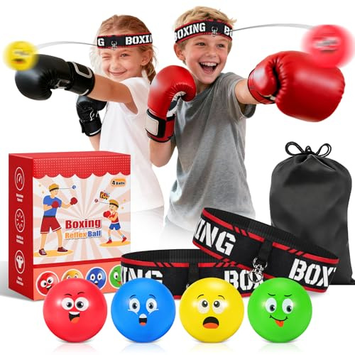 NZQXJXZ Boxen Reflexball Set für Kinder, Box-Trainingsball-Set mit 4 Boxbälle & 2 verstellbaren Stirnbändern, Trainingsgerät für Reaktion, Schlaggeschwindigkeit & Hand-Auge-Koordination