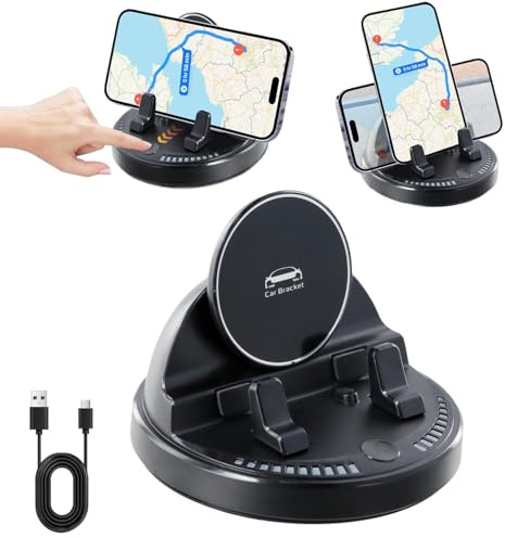 Soporte Movil Coche Salpicadero, Sujeta Moviles para Coche 360° Giratorio Ajustable Eléctricamente, Colocación 1 Segundo, Gran Fuerza Adhesiva, Silicona Antideslizante Soporte Telefono coche Universal