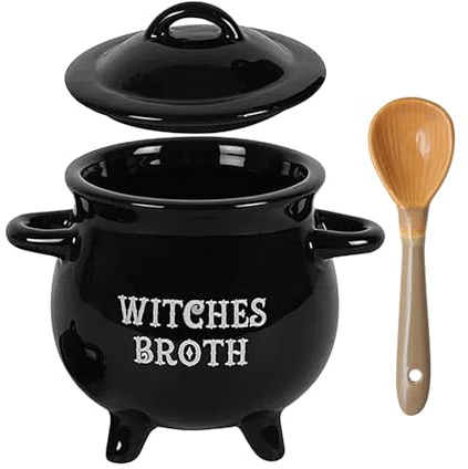 Witch Soup Bowl, Decorative Stew Pot for Halloween, Rare Black Serving Bowl with Spoon, for Family Gatherings Tea Parties Birthdays Costume Party Holiday Decor 5.59x4.49x5.71 Inches