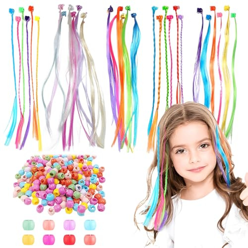VEOIRXU 30 Stück Bunte Haarsträhnen Kinder mit Haarclips+100 Stück Bunt Haarperlen Clips Haarverlängerung und Haarflecht Haarsträhnen zum Einklipsen aus Kunsthaar Party Zubehör für Mädchen und Kinder
