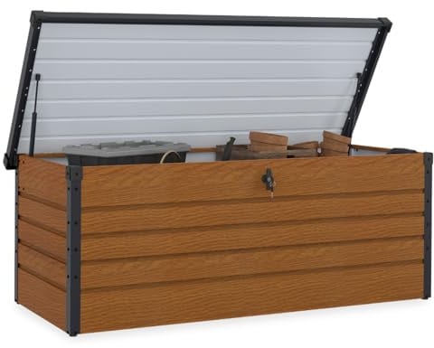 IDMarket - Coffre de rangement métal verrouillable effet bois et gris pour jardin 600L 165x70x63 cm
