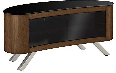 ZXLIHS Curved Wood TV Stand - Bay Affinity 1150mm Wide Floorstand Unit Upto 55 & 55Kg Max TV Weight, Walnut & Black Glass, IR Friendly Doors
