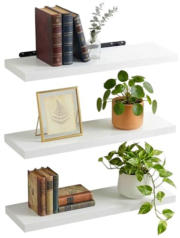 Relaxdays Wandregal, 3er Set, HxBxT: 4 x 80 x 23 cm, Holzoptik, Metall, Wandbretter für Wohnzimmer, Flur, Küche, weiß