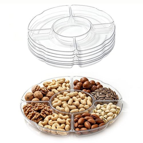 6 Pack Clear Compartment Trays with 5 Section,Reusable Plastic Trays | Platters for Parties Snacks Fruit Candies Dessert Nibbles Nuts