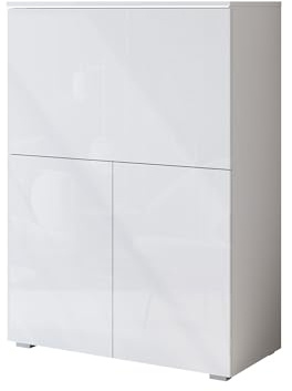 Mirjan24 Sekretär Doppo 90, moderner Klappsekretär mit Stauraum und aufklappbarer Schreibfläche, skandinavisches Design (Weiß/Weiß Hochglanz)
