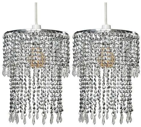 MiniSun | Modern Chrome Jewel Bead Effect Ceiling Light Shades | Pendant Lights, Home Décor & Improvement Essential | Set of 2 | 220mm Shade Width