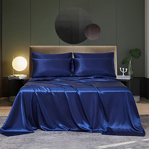 DuShow Parure de lit en satin rose pour lit double - 4 pièces - Avec bonnet de 38,1 cm de profondeur - 1 drap plat doux et 2 taies d'oreiller en satin (rose double)