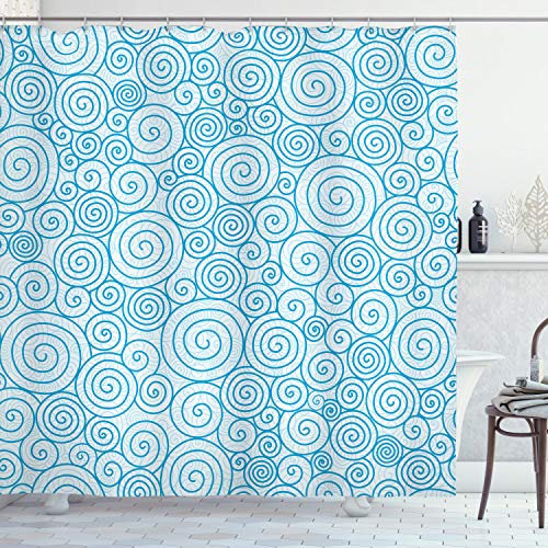 ABAKUHAUS Bleu et Blanc Rideau de Douche, Sea Wave Tourbillons, Tissu Ensemble de Décor de Salle de Bain avec Crochets, 175 cm x 200 cm, Bleu et Blanc