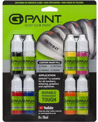 G-Paint Golf Club Paint - Touch Up, Fill In, Customise or Renovate Your Clubs - 8 Pack of 10ml Bottles. Black, White, Red, Blue, Yellow, Orange, Pink & Green