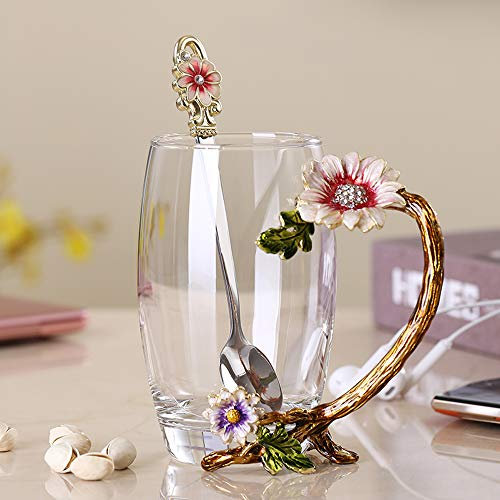 PPEA Enamel Sunflower Crystal Lead-Free Glass Tea Cup with Spoon Set, Present for The Christmas, Valentine's Day.Best Present for Mother, Grandma, Girlfriend, Sister.
