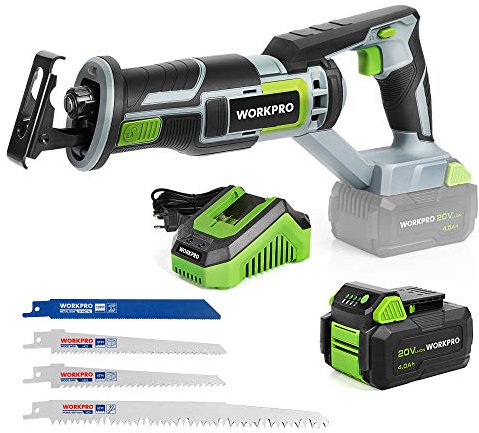 WORKPRO Sega a Gattuccio a Batteria 20V Con LED - Include 4 Lame, Batteria 4,0 Ah, Caricabatterie - Velocità Variabile per Taglio Legno e Metallo
