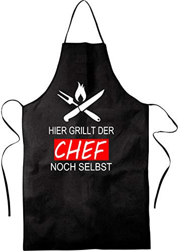 Hier Grillt der Chef noch selbst |Grill, BBQ | Küchenchef, Koch | Kochschürze, Latzschürze, Küchenschürze Grillschürze, Partyschürze | Geschnek, Geburtstag, Schurz |(Schwarz)