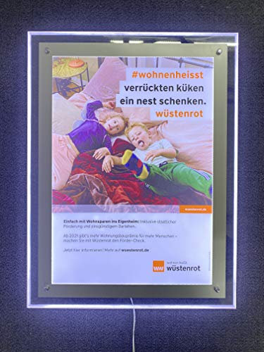 LED Plakatrahmen zur Wandbefestigung. Sehr dünn – Innenmaß DIN A3 | LED beleuchtet, Hochglanz-LED-Acrylrahmen | Posterrahmen | Weitere Rahmen von A4 – Bis A0 finden Sie unter led-leuchtdisplay.com