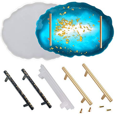 MAEKIJOY Silikonform Epoxidharz Tablett Untersetzer mit Griffe Formen und 2 Stück Golden Griffe, Große Resin Gießharz Harz Mold Kit DIY Teetablett Obsttablett Kunsthandwerk