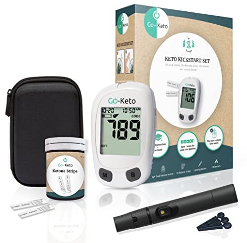 Go-Keto Ketone Messgerät (mg/dl) im Kickstart Set - Ketone Meter, 10 Ketone Teststreifen & Zubehör, Keto Meter zur Ketonemessung bei einer Keto Diät, Ketone Check zu Hause & unterwegs