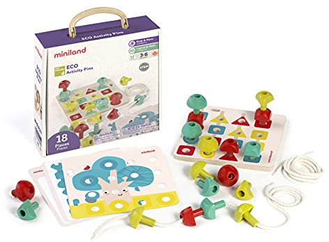 Miniland - Juego de Pinchos con Formas básicas, Encajar y enlazar. Eco-Friendly