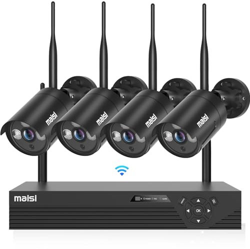 maisi Wireless CCTV Camera System with 4 Channel 1080P NVR Recorder, 4pcs 2MP HD Outdoor Security WiFi IP Camera, Remote View, Continuous/Motion Recording, NO Hard Drive Pre-Installed