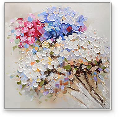 MWMG Acrylbilder, Moderne Abstrakte Bunte Textur Hortensie Blumenstrauß Kunstwerk Handgemalte Ölgemälde Auf Leinwand Wandkunst Für Wohnzimmer Schlafzimmer Büro Wohnkultur,100X100Cm (40X40Inch)