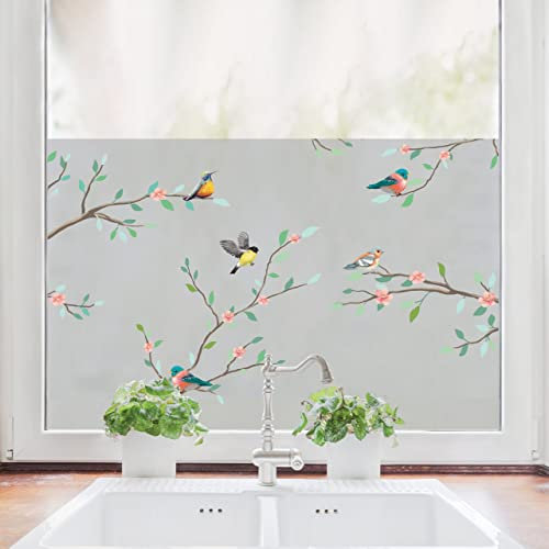 Wandtattoo Loft Sichtschutzfolie Fenster mit Vögeln auf Zweigen Motiv, Fensterfolie Blickdicht, Milchglasfolie Fenster, Fensterdeko Selbstklebende Folie, Fenster Dekoration Vögel, Fenster Klebefolie