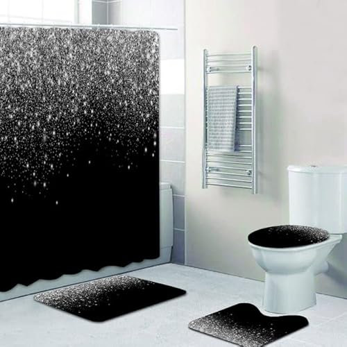 YCDtop Duschvorhang 4-teiliges Set Stilvolles Schwarz-Silber-Badezimmer-Vorhang-Duschvorhang-Set mit fallenden Glitzern, Funkelnde Badvorleger-Dekoration 71 * 71 Zoll
