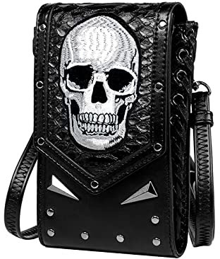 YJZQ Handytasche zum Umhängen Damen Handy Umhängetasche Mini Schulter Messenger Bag Totenkopf Handytasche Motorrad Kleiner Quadratischer Tasche Vintage Crossbody PU Leder Schultertasche für Damen