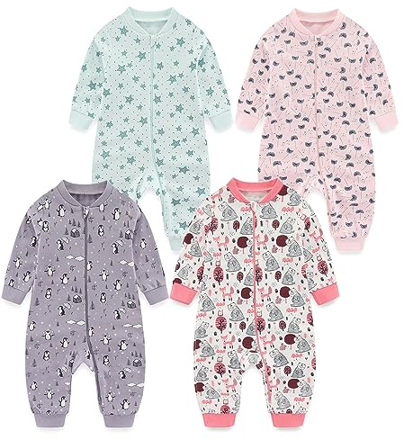 MAMIMAKA Newborn Baby Boys Girls one-Piece Sleepsuit 4 Pack 2-way Zip Footed Pajamas for Play and Sleep
