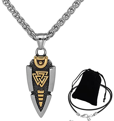 ZFSBRTL Speer Anhänger Pfeilspitze Amulett Halskette, Nordischen Mythologie Edelstahl Valknut Runen Wikinger Schmuck Doppelseitiges Muster mit 60Cm Kette