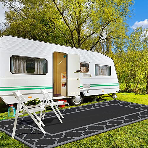 GENIMO Outdoor-Teppich, 2,9 x 45,7 cm, für Terrassenabstand, wendbarer Strohhalm, Kunststoff, wasserdicht, Camping-Matte für Outdoor-Dekoration, Wohnmobil, Deck, Camper, Balkon, Schwarz und Grau