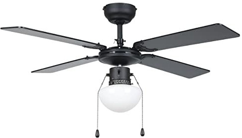 EGLO Deckenventilator Fortaleza, 4 Flügel Ventilator mit Zugkette, Beleuchtung und Sommer Winter Betrieb, Holz, Stahl in schwarz matt und Glas in Weiß, AC Motor, Ø 106,6cm