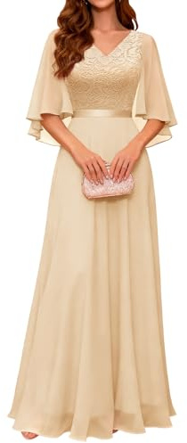 DRESSTELLS Abendkleid Damen Hochzeit Festlich Ballkleid mit V-Rücken Brautkleid Chiffon Cape Ärmel Spitzenkleid Elegant Lang Partykleid Champagne S